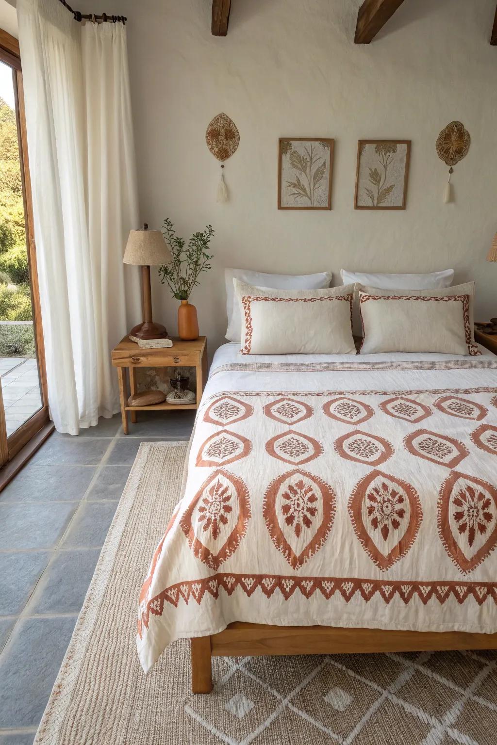 Bring a touch of the world to your bedroom with globally inspired textile designs.