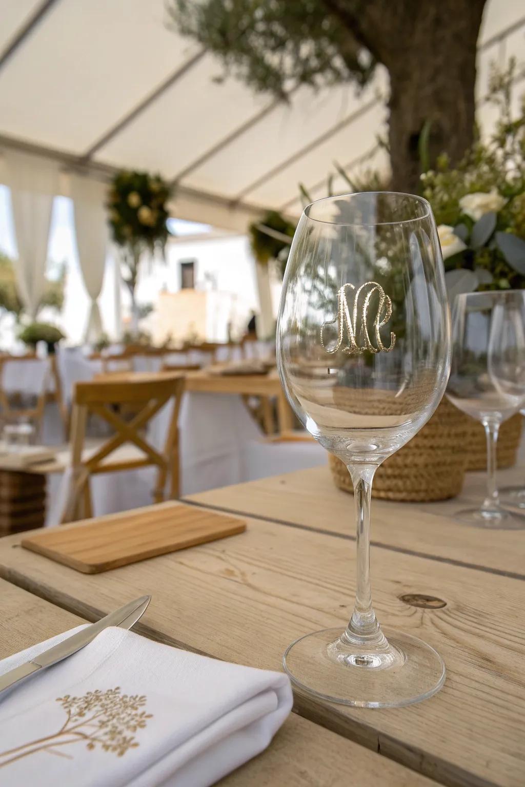 Introduce a sophisticated touch with monogrammed wine glasses that add elegance to any occasion.