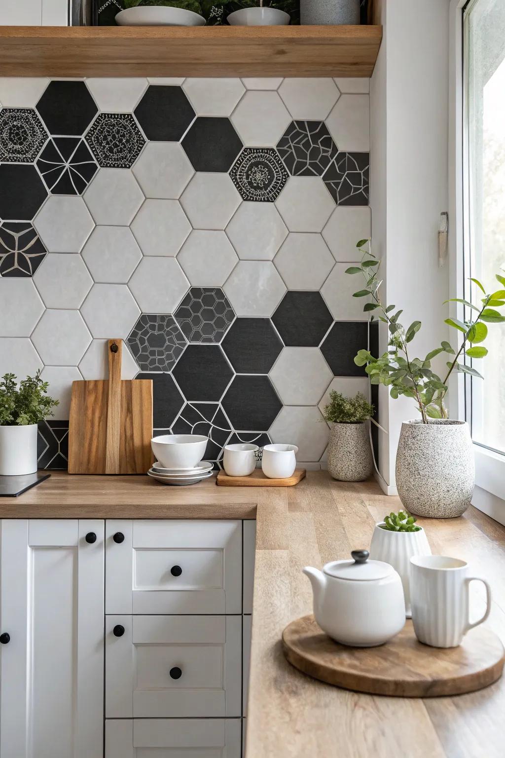 An eclectic mix of tile shapes and patterns adds personality to this unique kitchen.