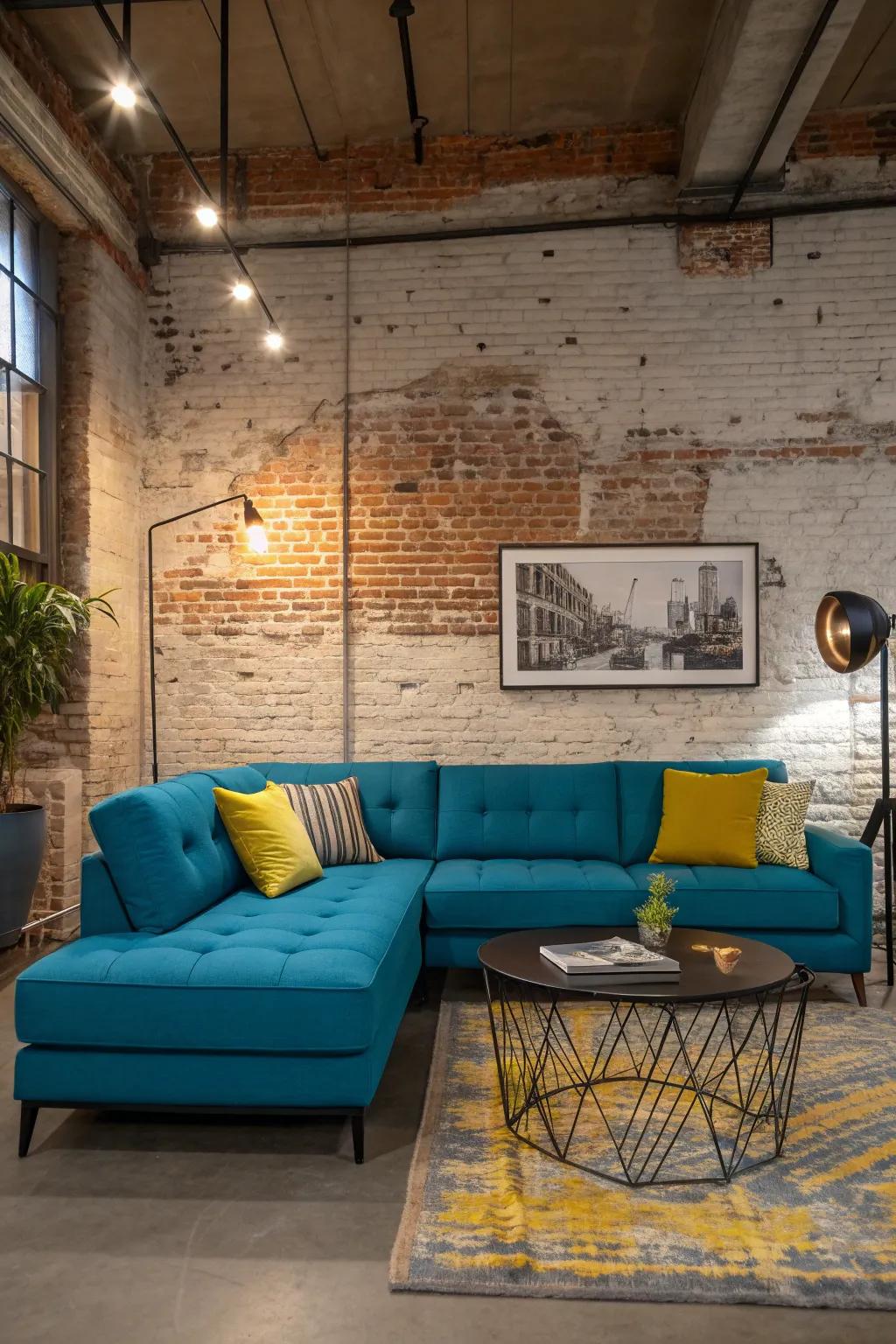 Industrial elements paired with a blue sectional bring an edgy, urban vibe to your living room.