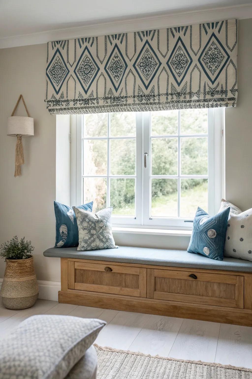 Geometric patterns on box valances add modern visual interest.
