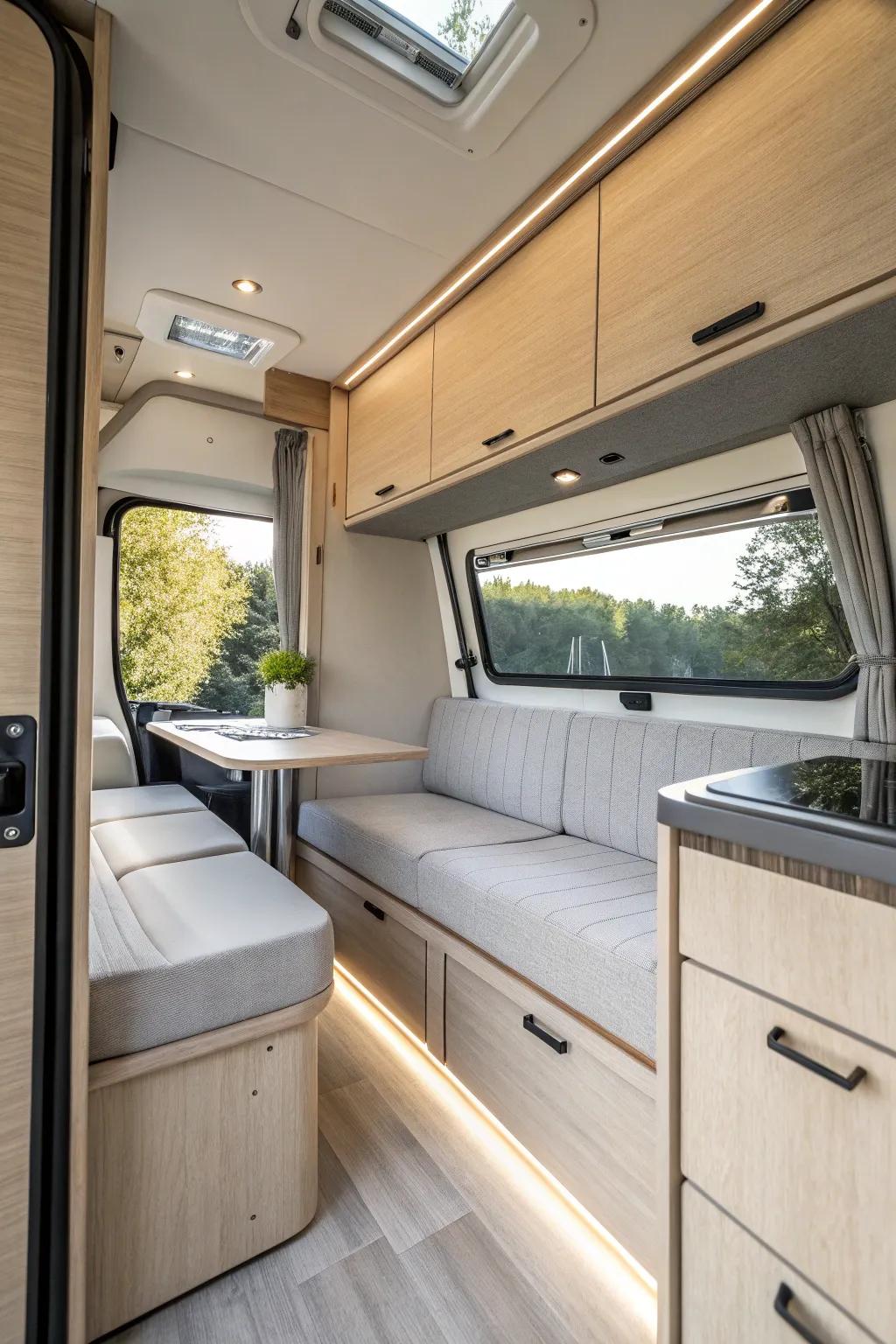 Achieve a clean, modern vibe with sleek minimalist panels. #Minimalism #VanDesign