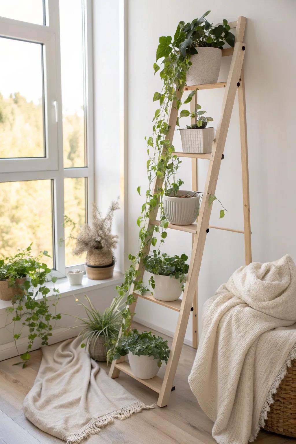 A ladder plant stand showcases vinca in a stylish and elevated way.