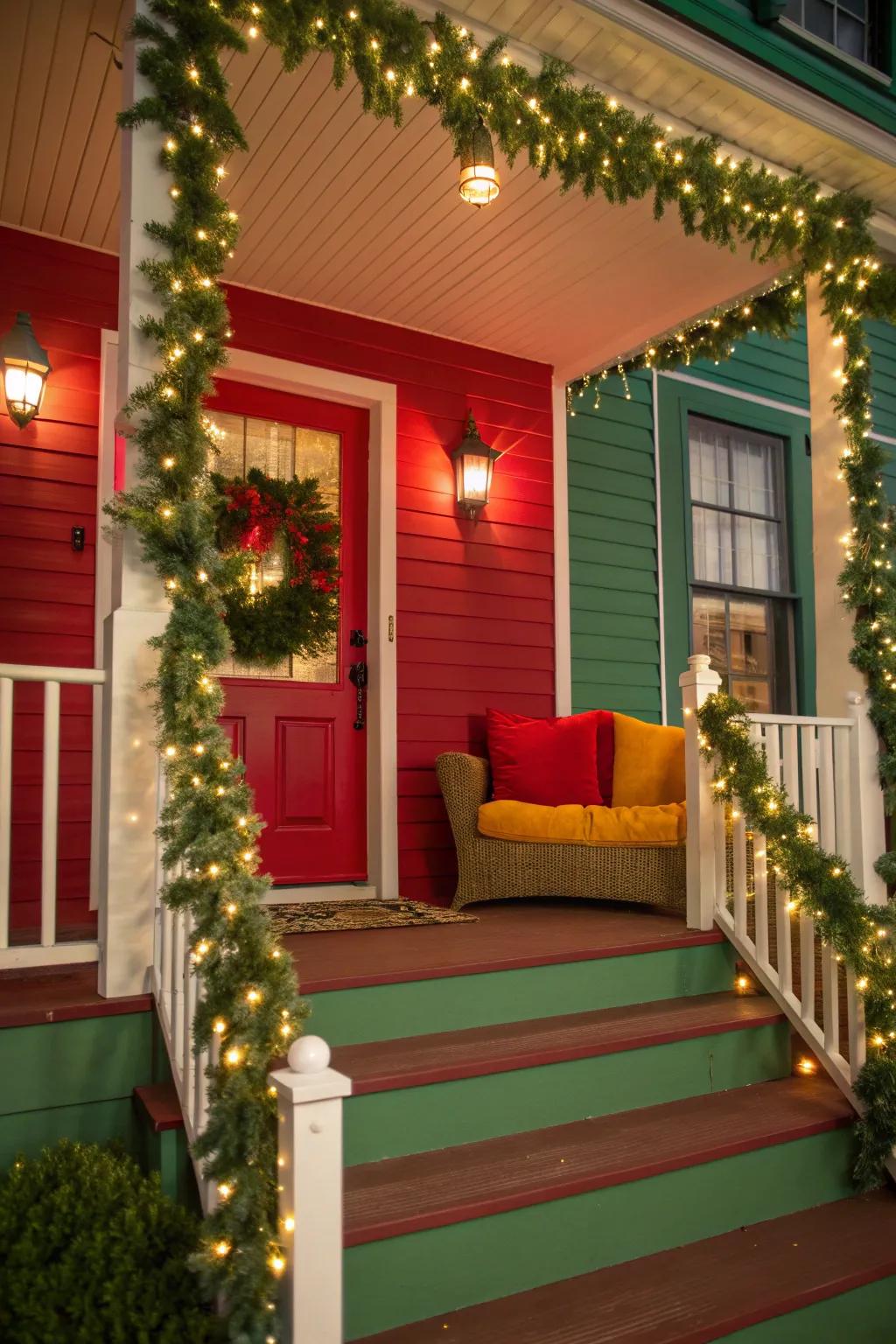 Create a cozy, festive porch where holiday memories are made, surrounded by the glow of lights.
