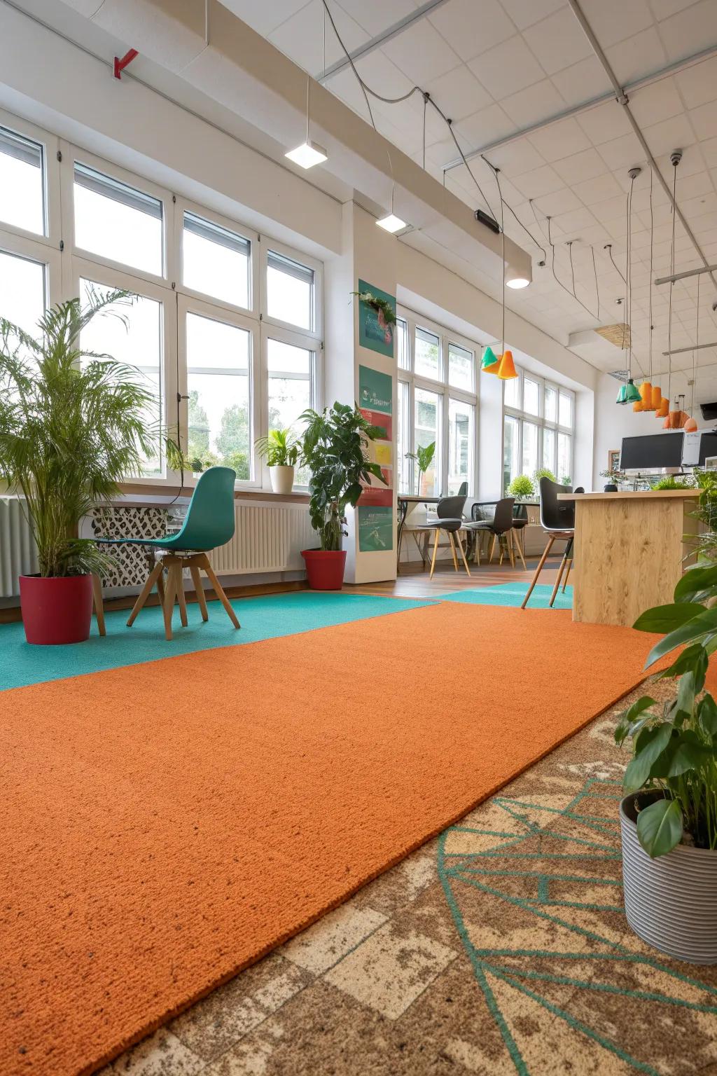 Cork flooring offers warmth and sustainability, a quiet solution for modern offices.