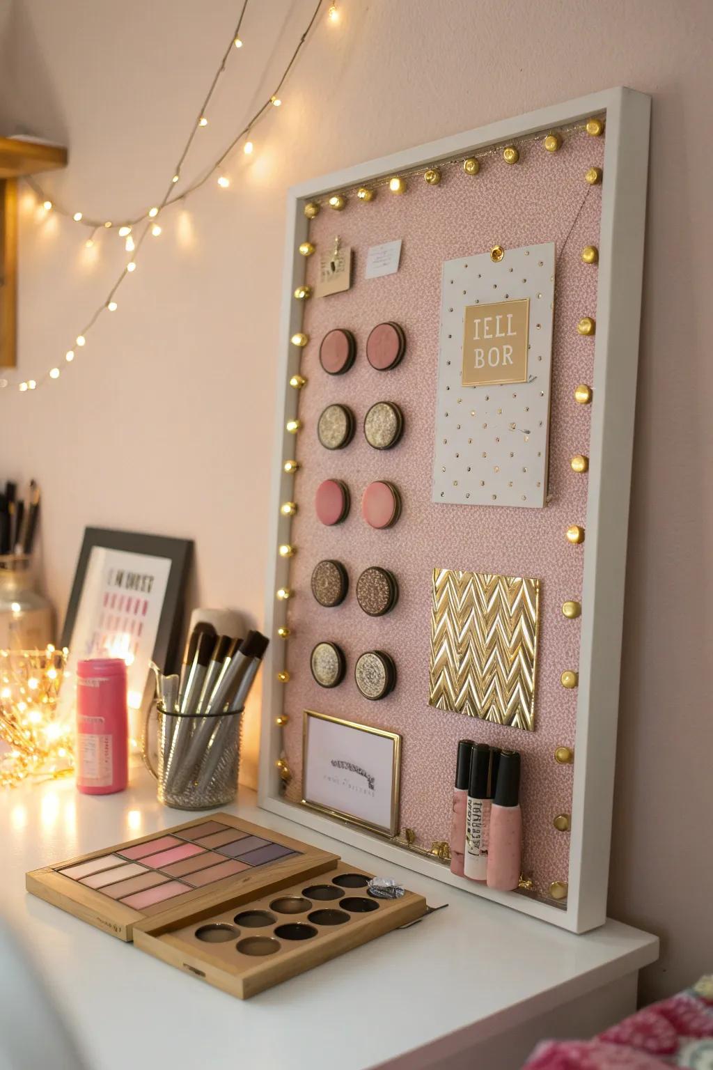 A magnetic board keeps your cosmetics organized and accessible.