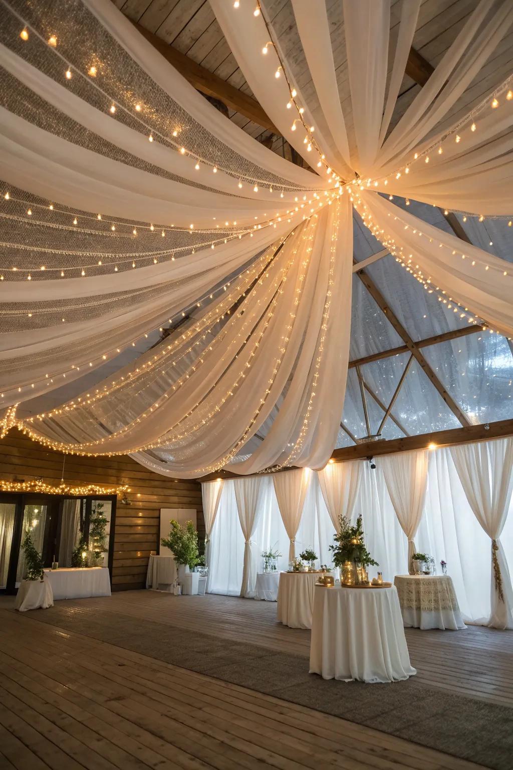 Set a festive tone for any event with enchanting fabric and lighting. 🎉 #EventDecor #FestiveVibes