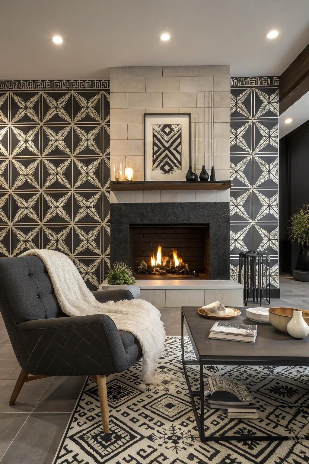 Inject modern flair with geometric tiles that add movement and interest to your fireplace.