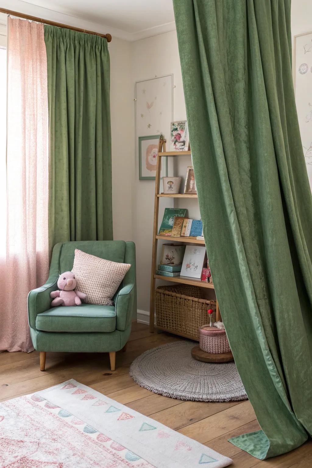 Textured green curtains add elegance and depth, perfect for a serene nursery environment.