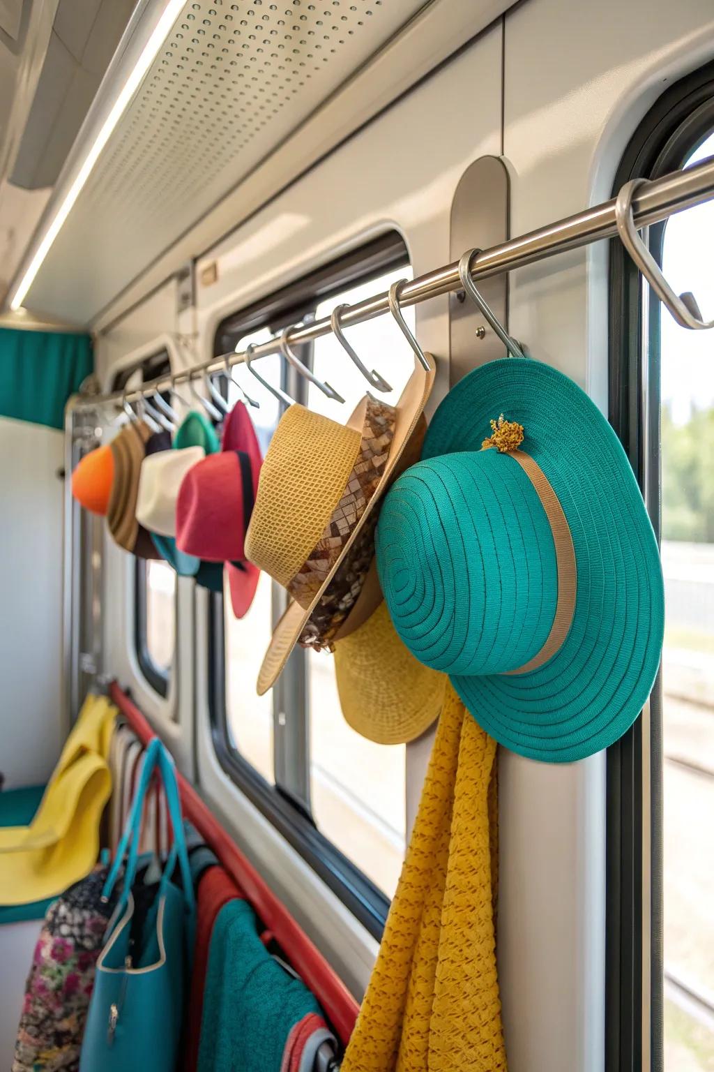 Streamline your closet with rail-based organizers that offer flexible storage for hats and more.