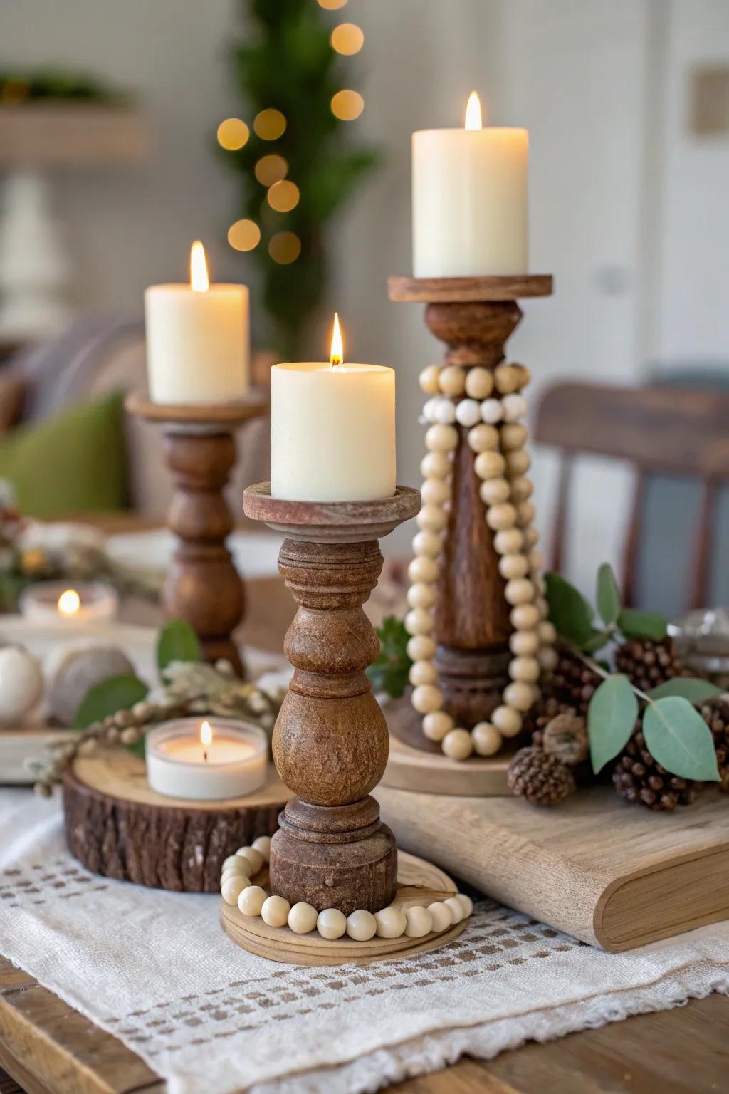 Elevate your candle display with elegant wooden bead garlands wrapped around candlesticks.