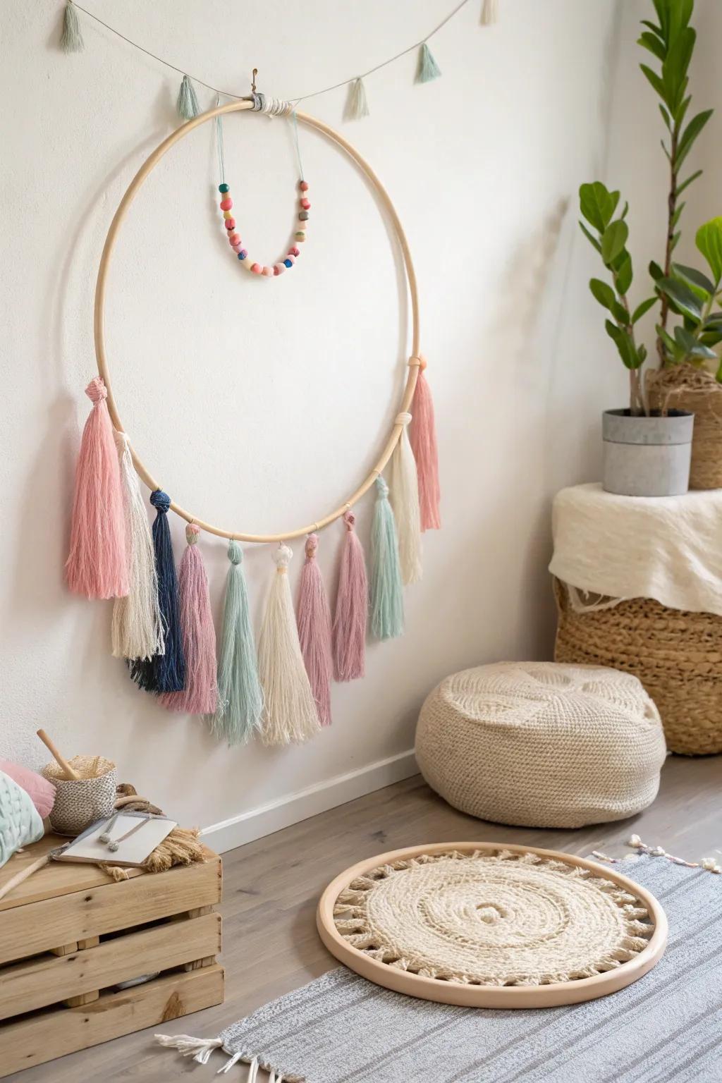 Bring fun and playfulness to any room with a tassel-decorated hula hoop. 🎉 #TasselFun #PlayfulDecor