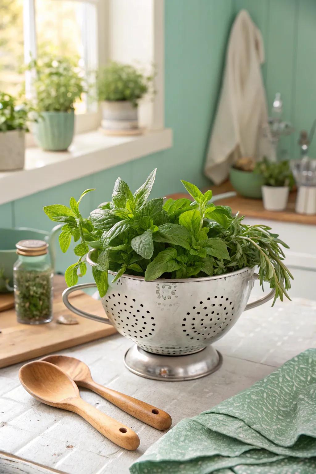 Transform vintage kitchenware into charming plant pots that enhance your kitchen garden.