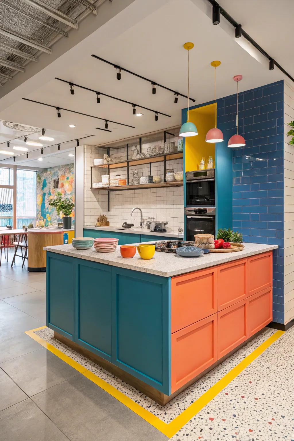 Bring playful energy to your kitchen with a fun and unique color-blocked design.