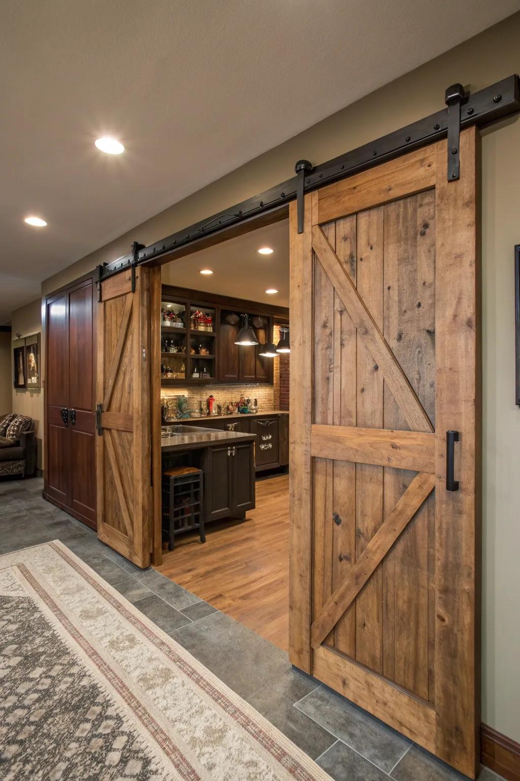 Save space and add charm with rustic barn doors in your kitchen design.