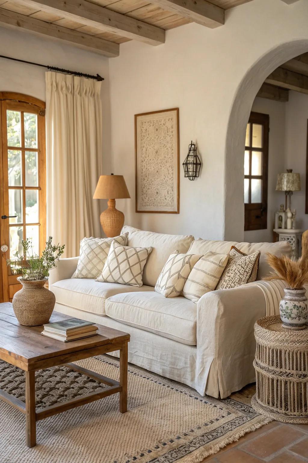 Textured fabrics like linen and cotton offer a relaxed yet refined aesthetic.