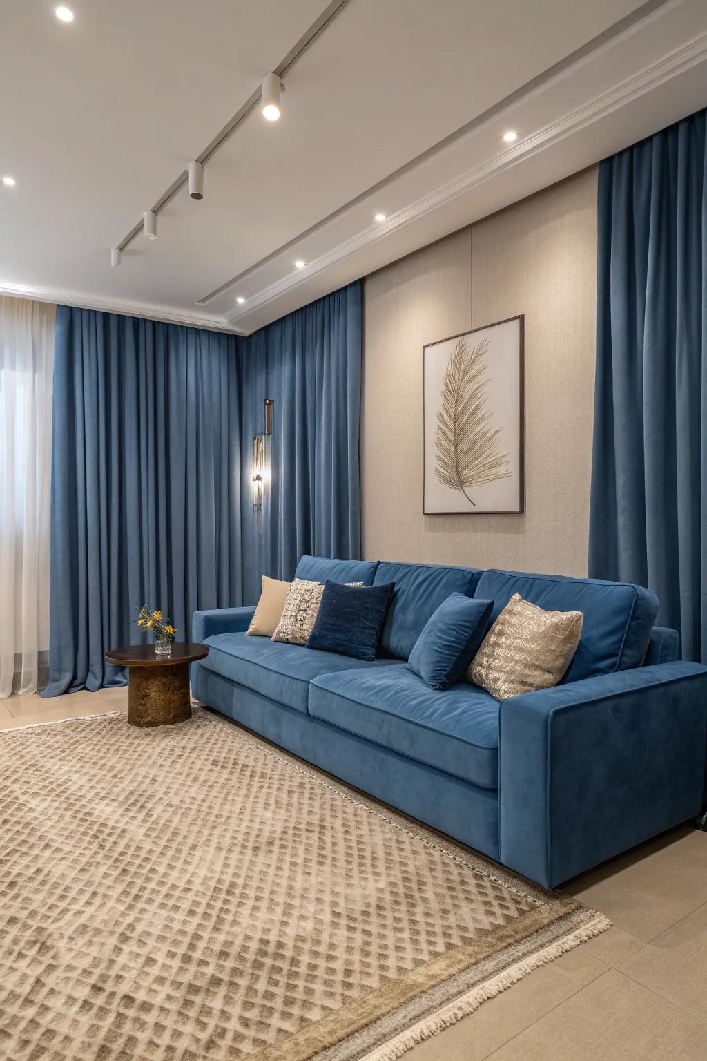 A monochromatic blue palette offers a serene and cohesive living room ambiance.