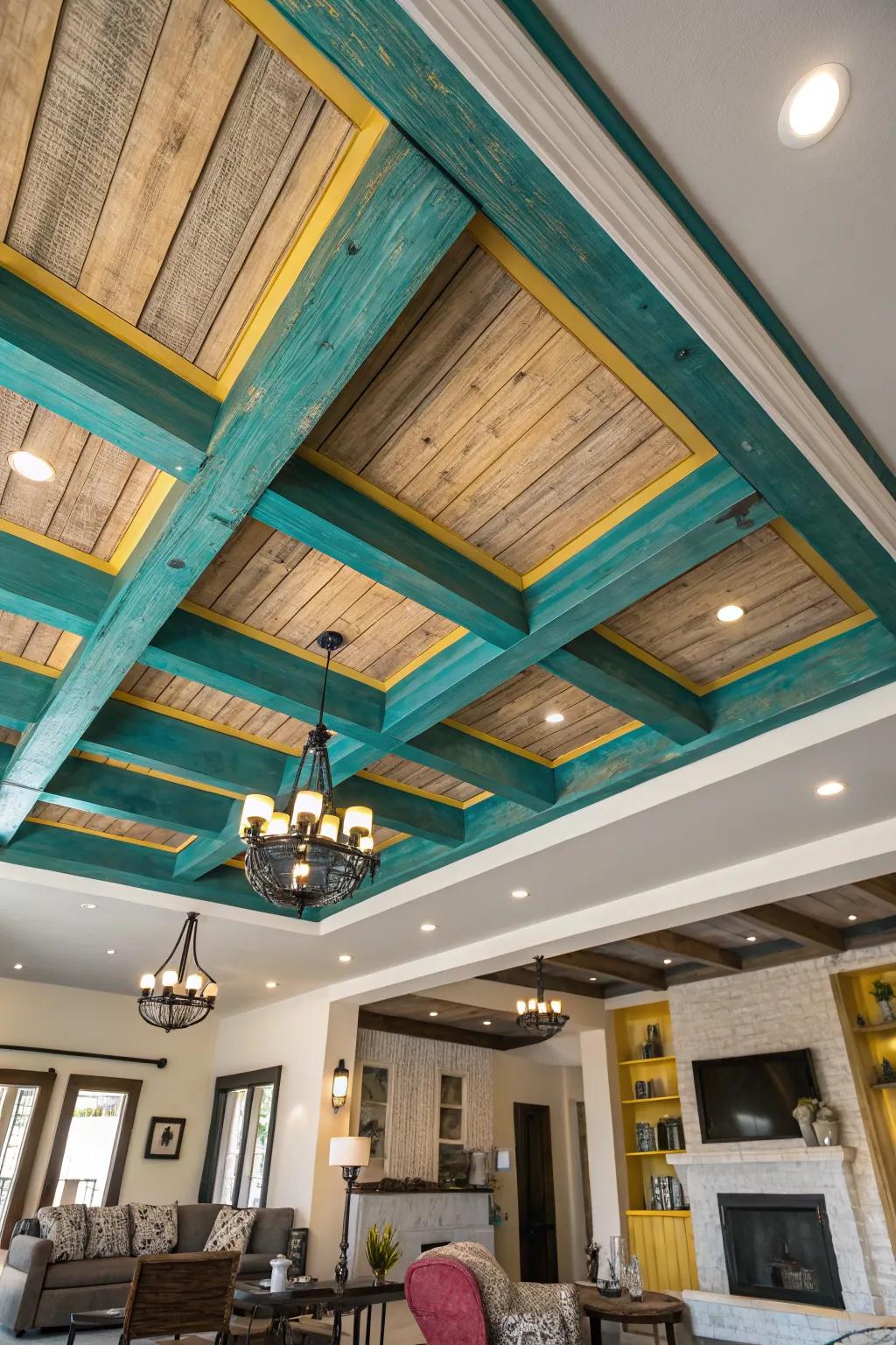 Bring warmth and nostalgia with a rustic coffered ceiling that invites comfort.