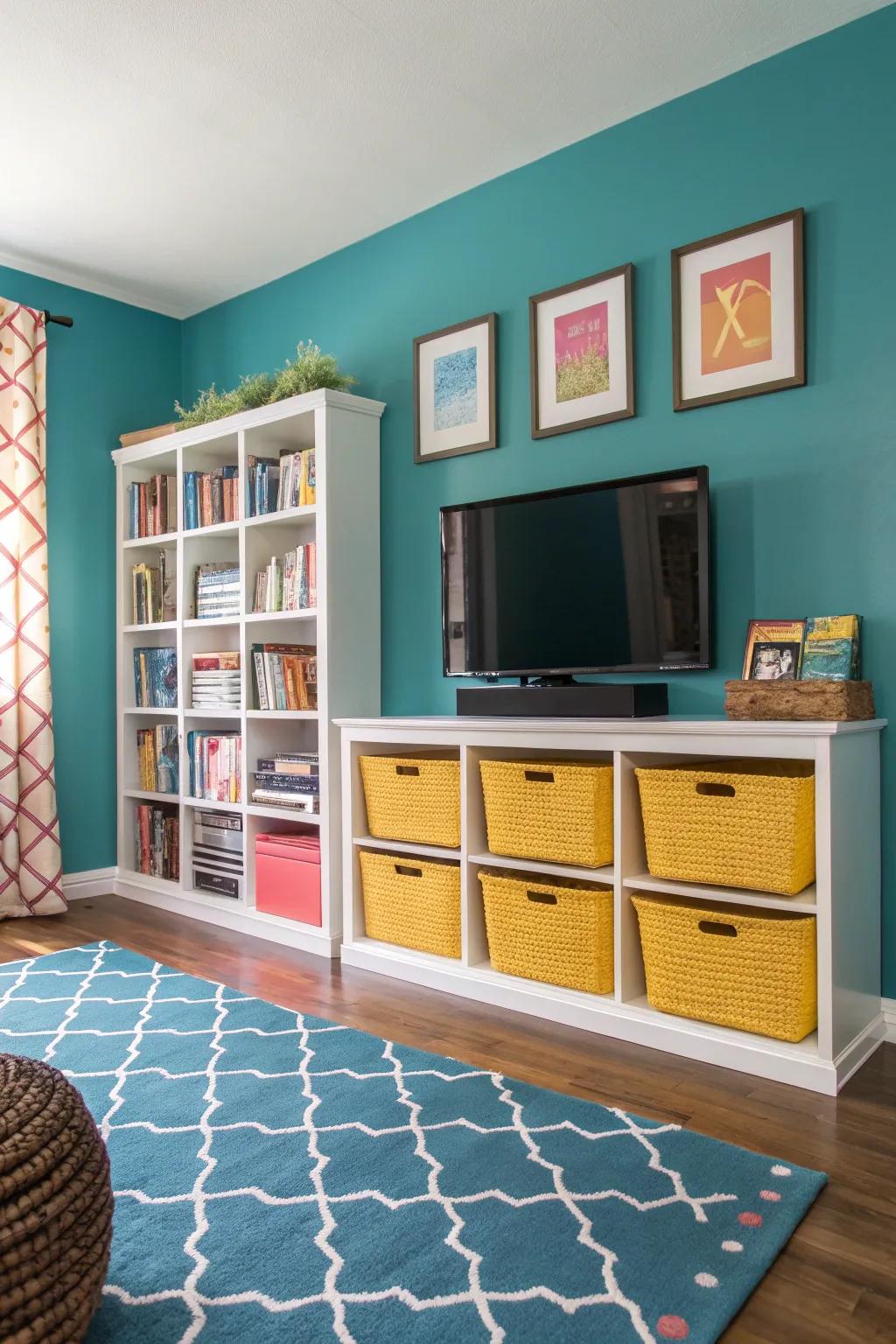 Vertical storage solutions open up floor space for more activities.