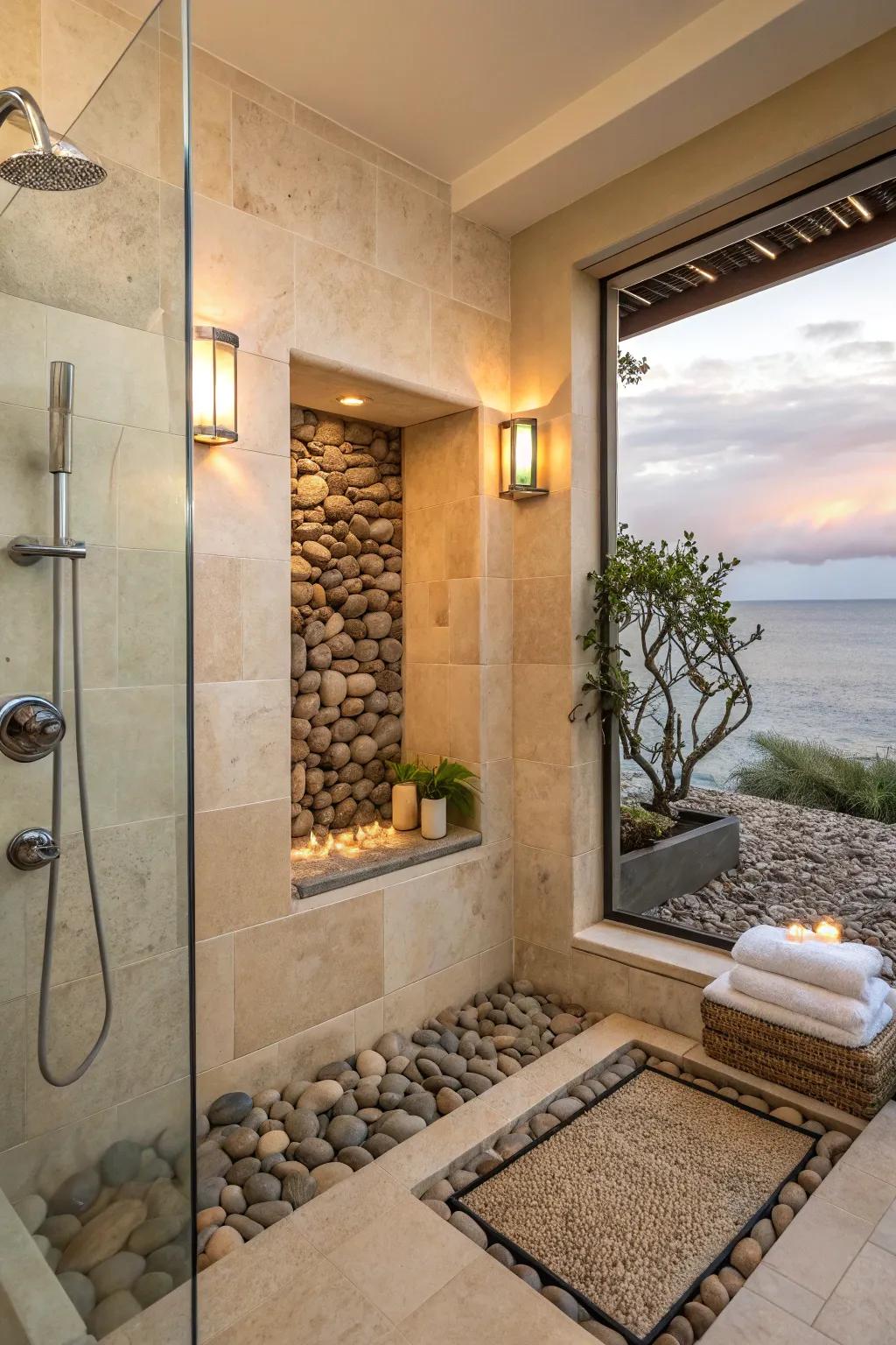 Combine function and style with pebble-lined niches that enhance your shower experience. 🛁 #ShowerDesign #BathroomStorage