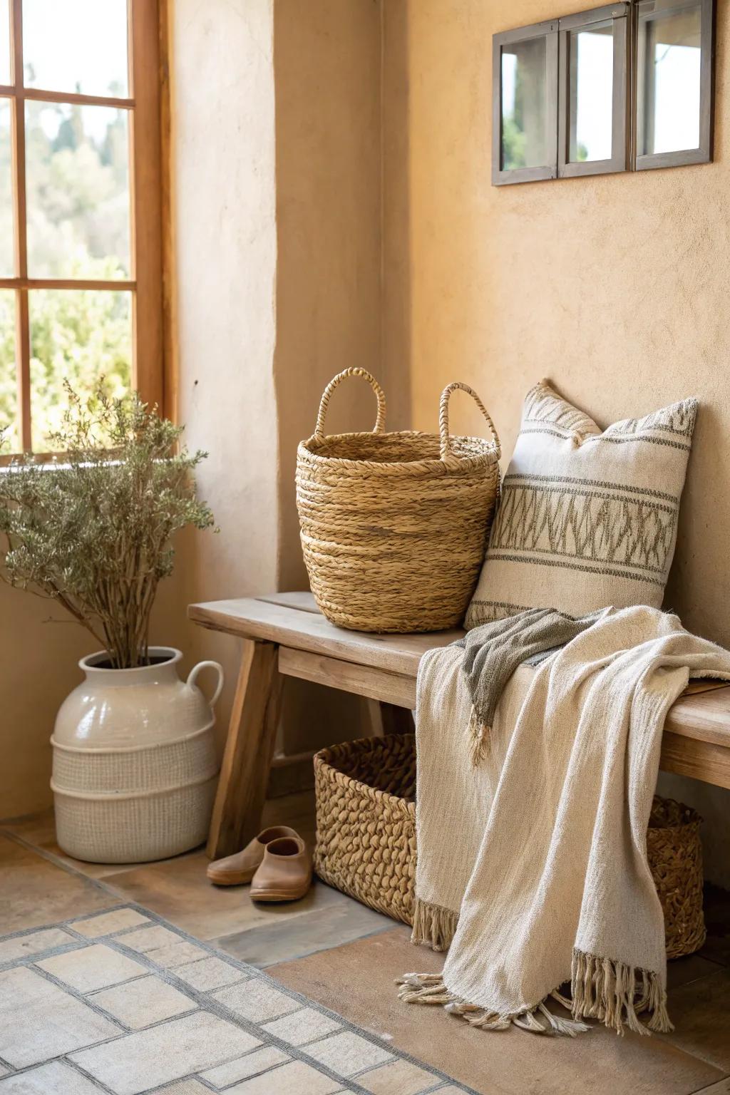 Woven baskets offer stylish storage while enhancing the rustic charm of your home.