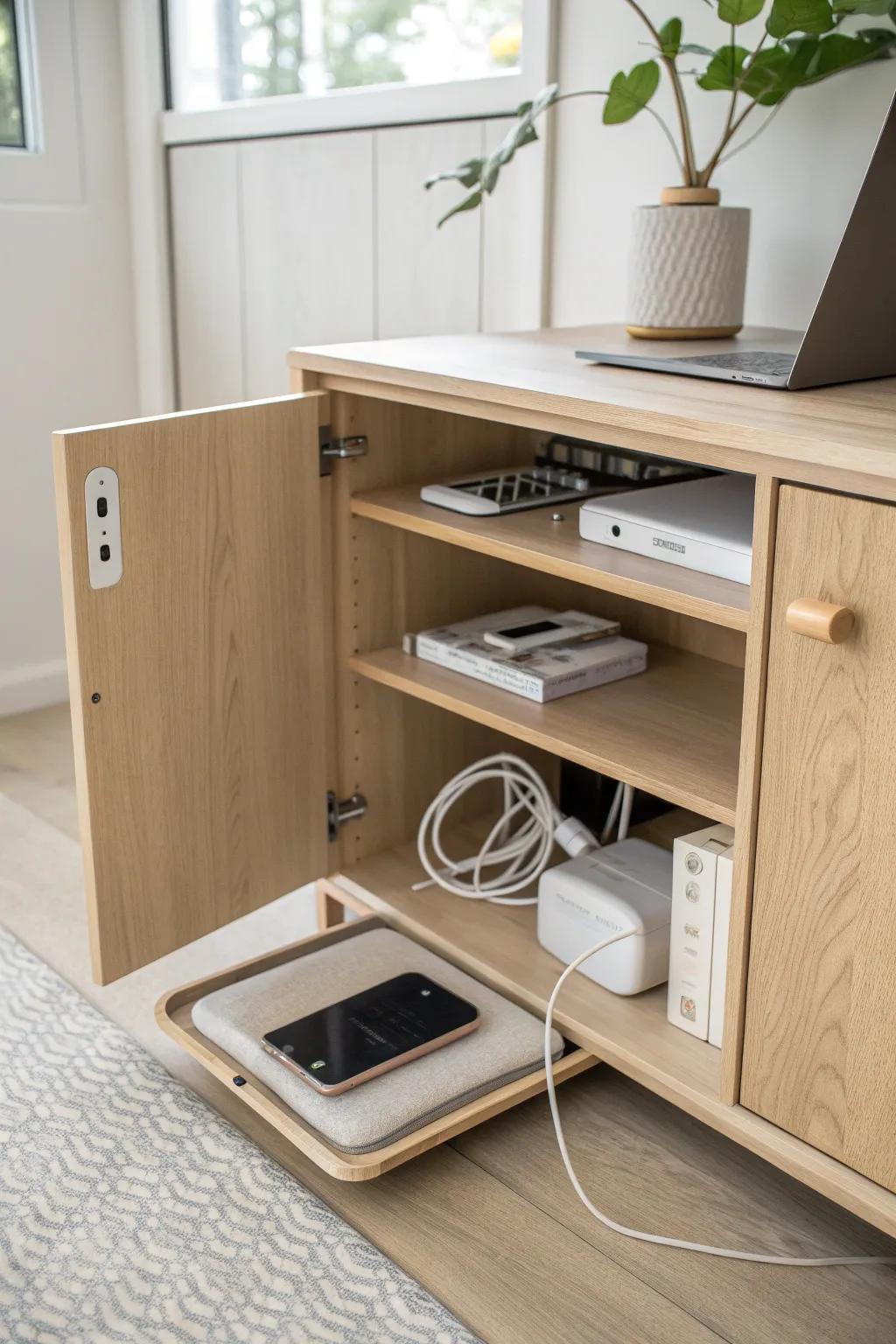 Charge in style with a hidden station that keeps cords neatly tucked away.