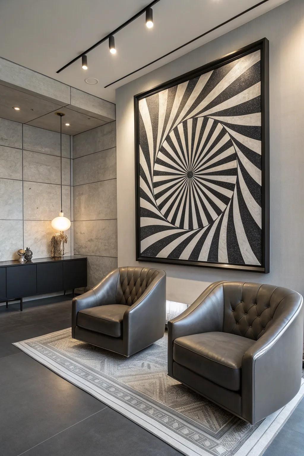 Achieve a sleek, sophisticated look with monochrome op art accents that make a powerful statement.