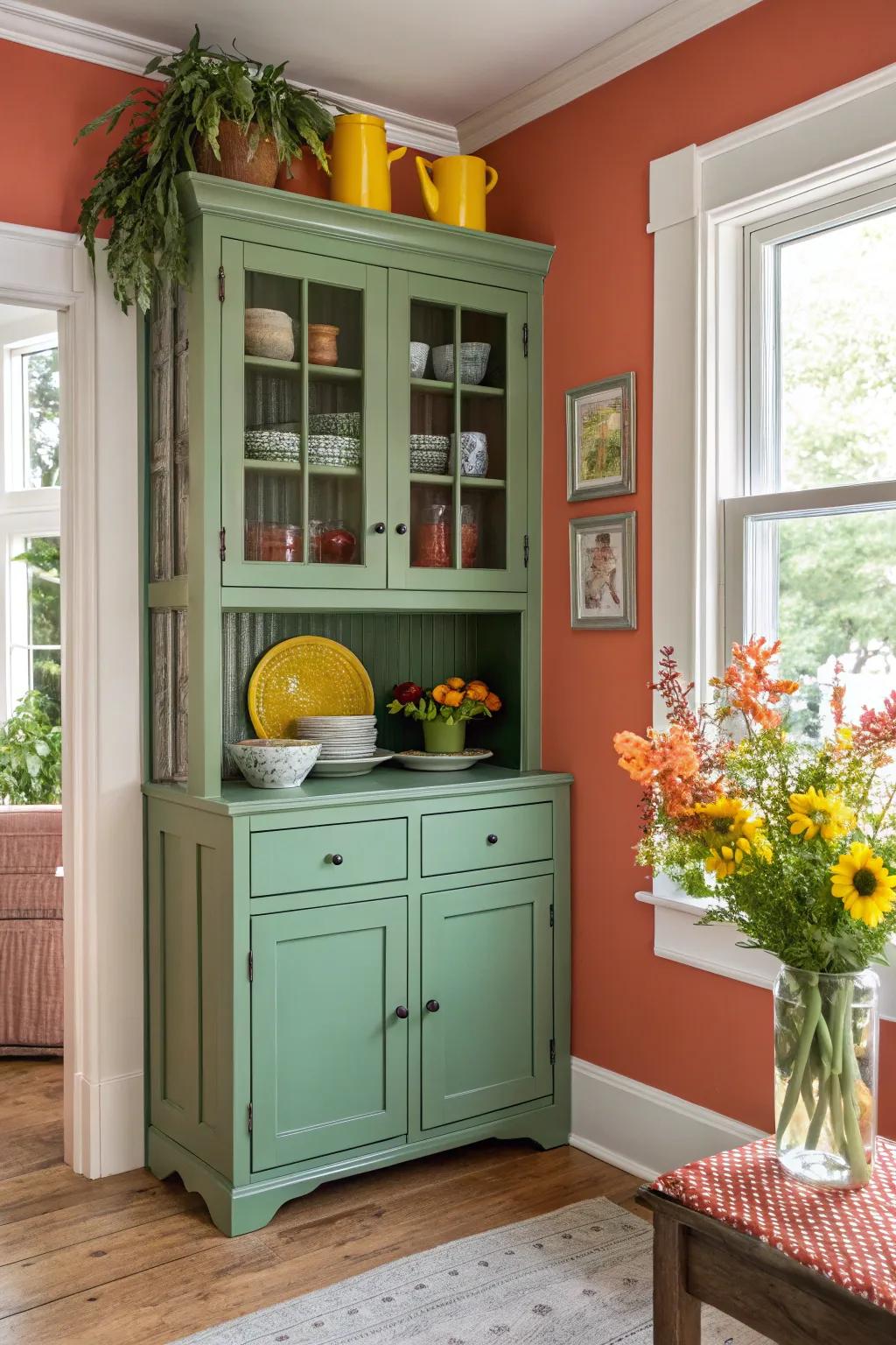 Bring tranquility indoors with a nature-inspired green hutch that soothes and delights.