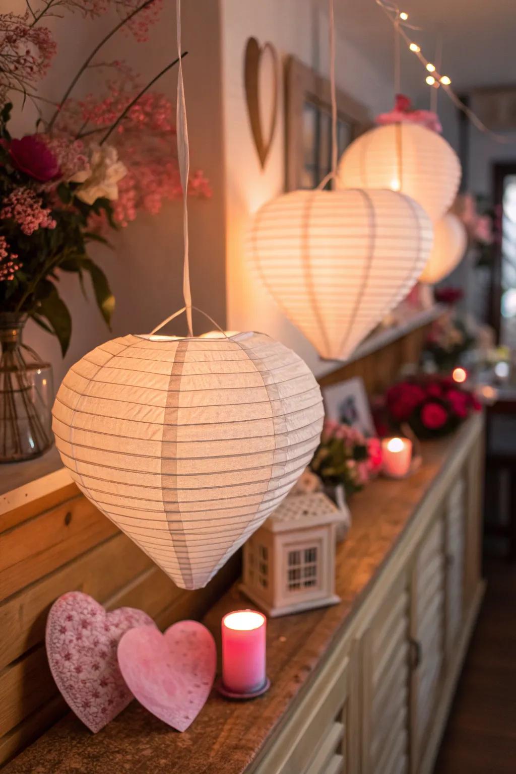 Create a cozy atmosphere with beautifully lit paper heart lanterns.