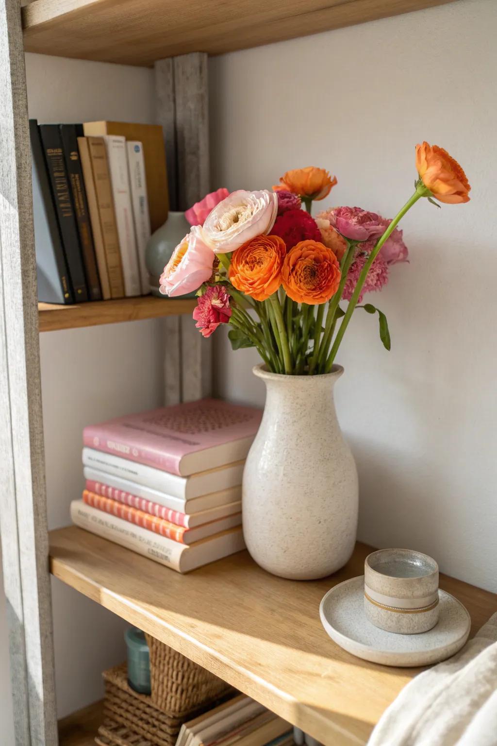 Add a pop of life to your bookshelf with vibrant ranunculus blooms 📚 #BookshelfStyling #ColorfulDecor