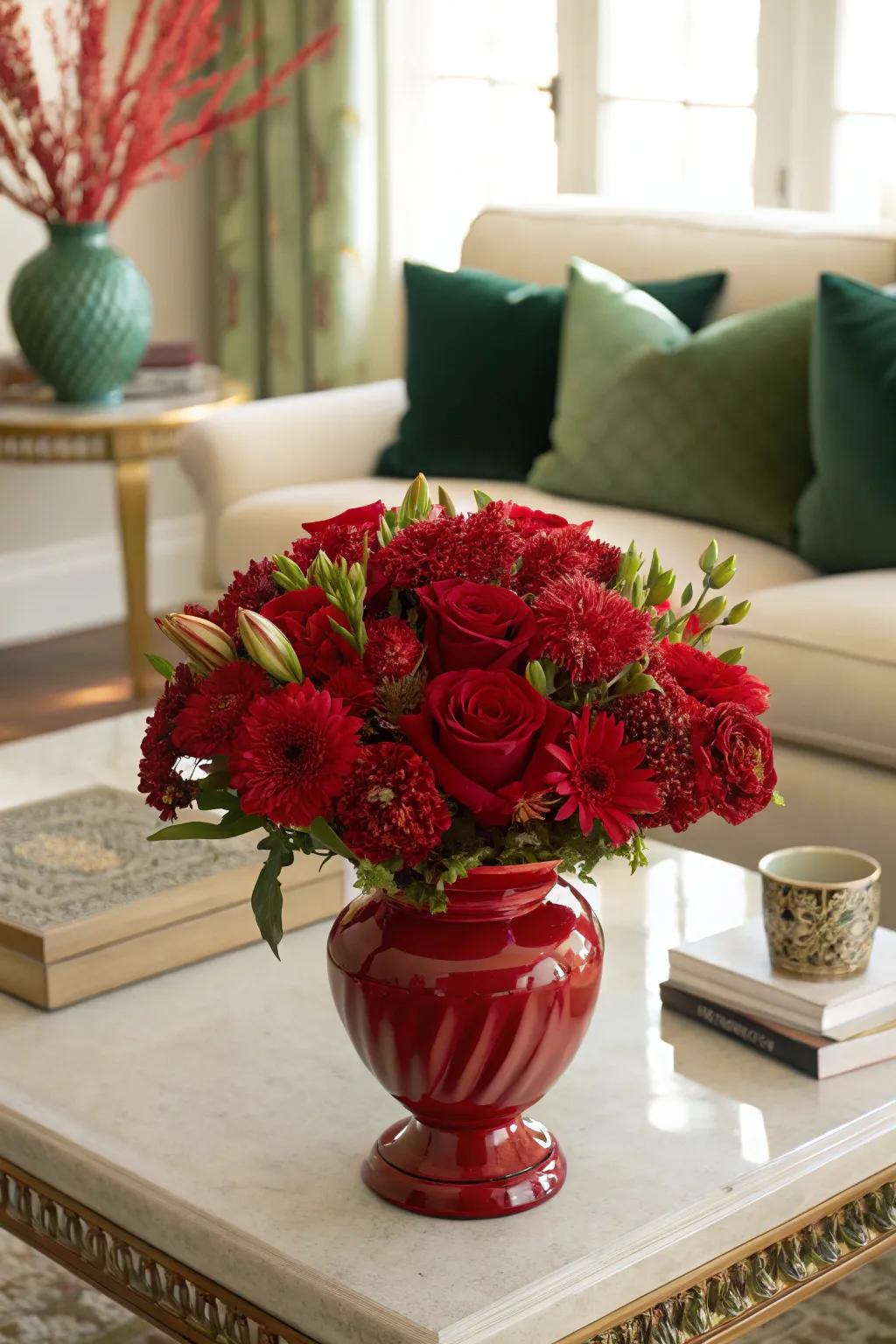 Infuse life and color with vibrant red floral arrangements against a cream backdrop.