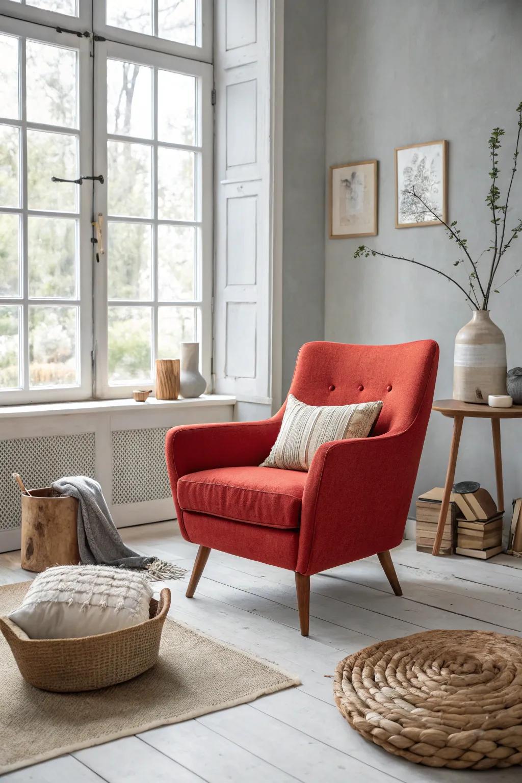 Make a statement with red accent furniture that stands out against gray interiors.