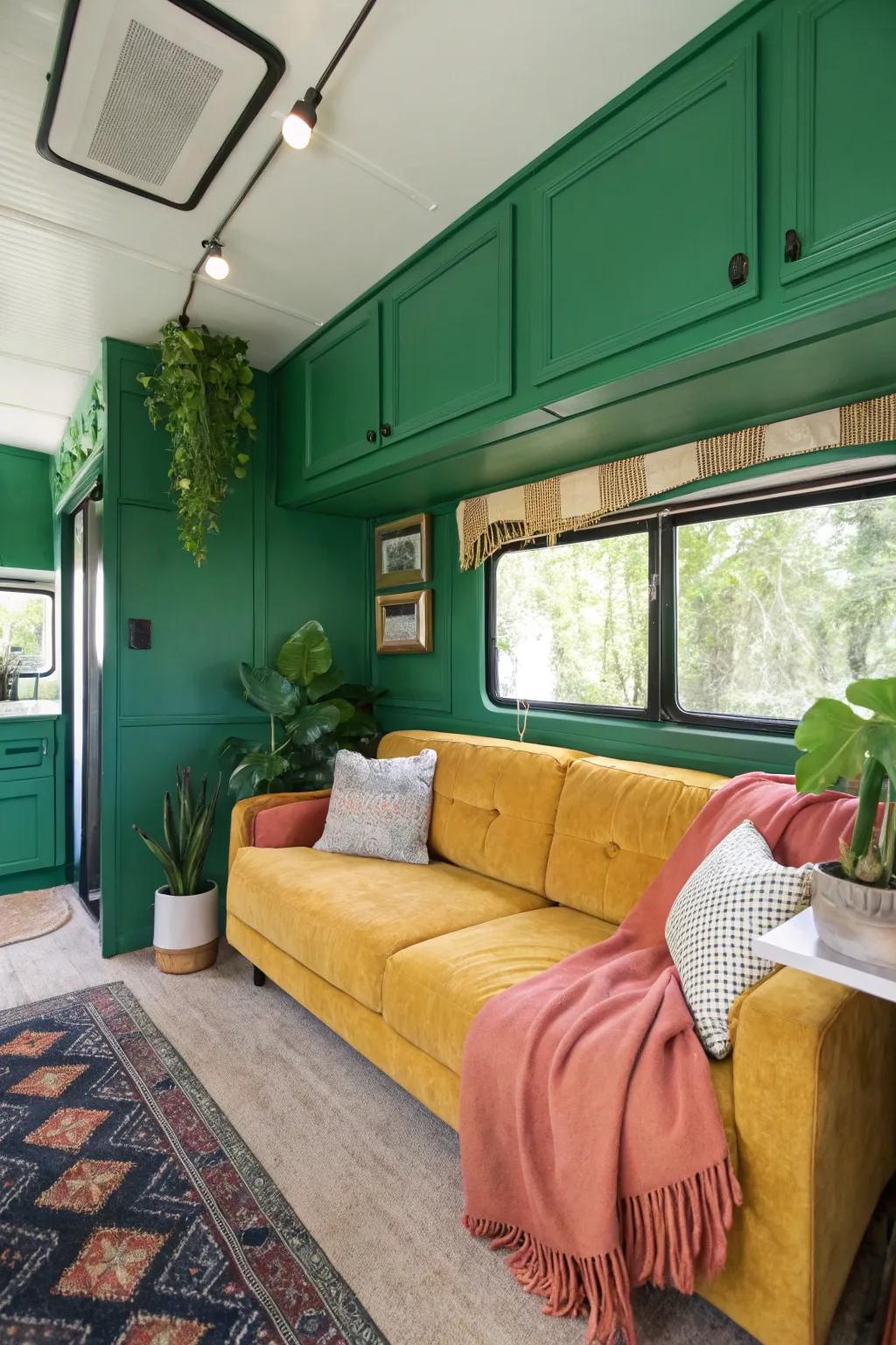 Earthy greens create a serene environment, bringing a touch of nature indoors. #GreenLiving #NatureInspired #RVTranquility