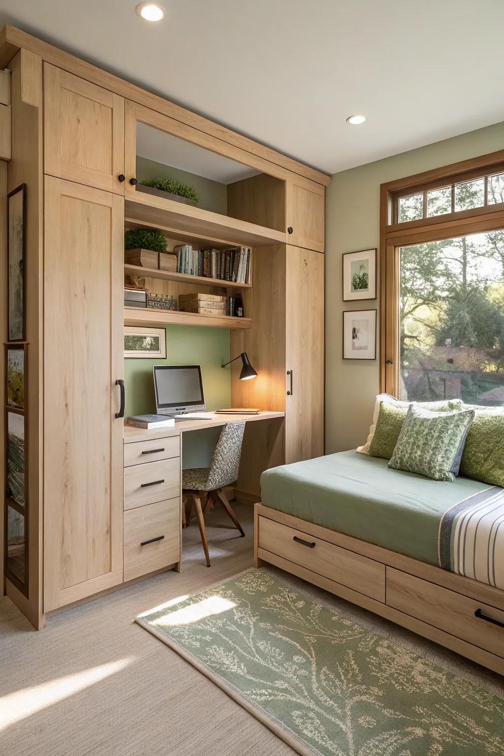 Enjoy the effortless transition from work to rest with a well-designed Murphy bed setup.