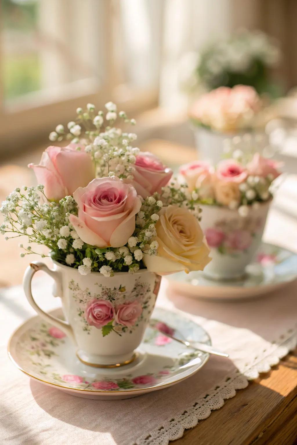 Add a touch of sophistication with a delicate tea cup floral display.