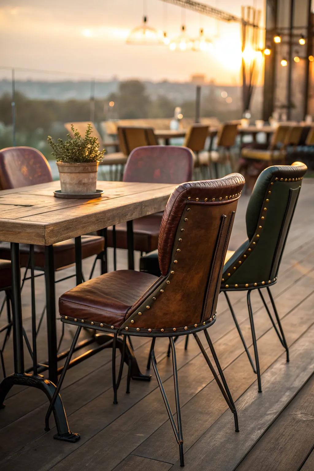 Leather and metal dining chairs bring comfort and style to your steampunk dining room.
