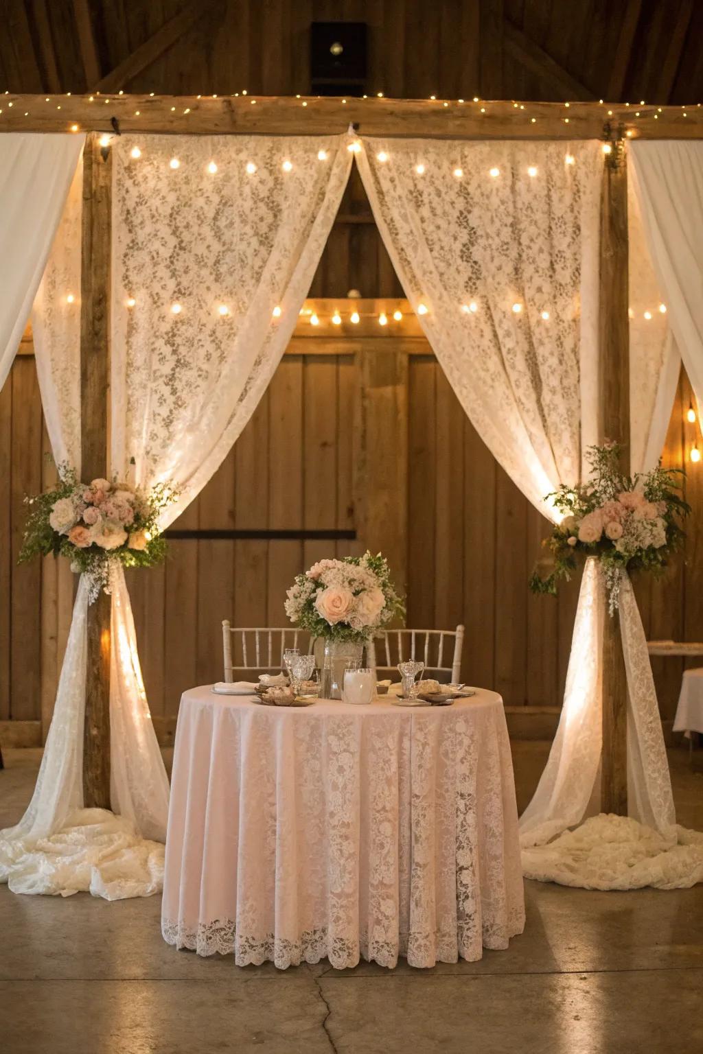 Vintage lace drapes offer a timeless, elegant backdrop for a classic romantic feel.