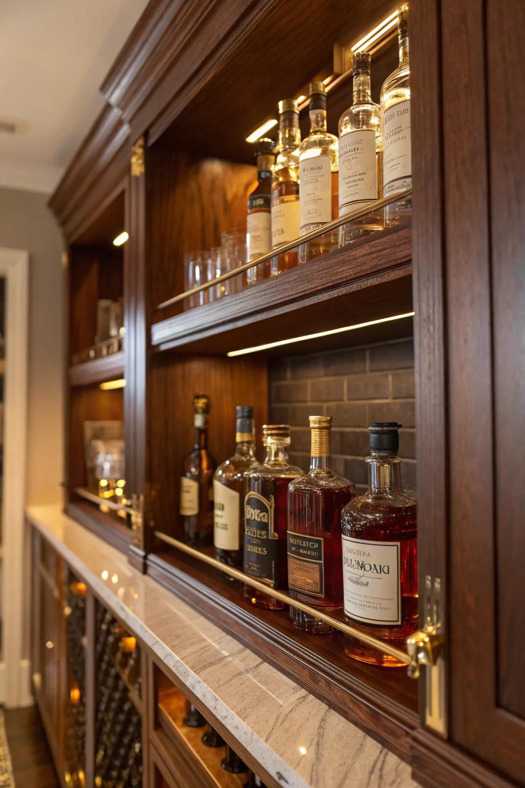 Save space with stylish under-cabinet storage that keeps your whiskey collection in view.