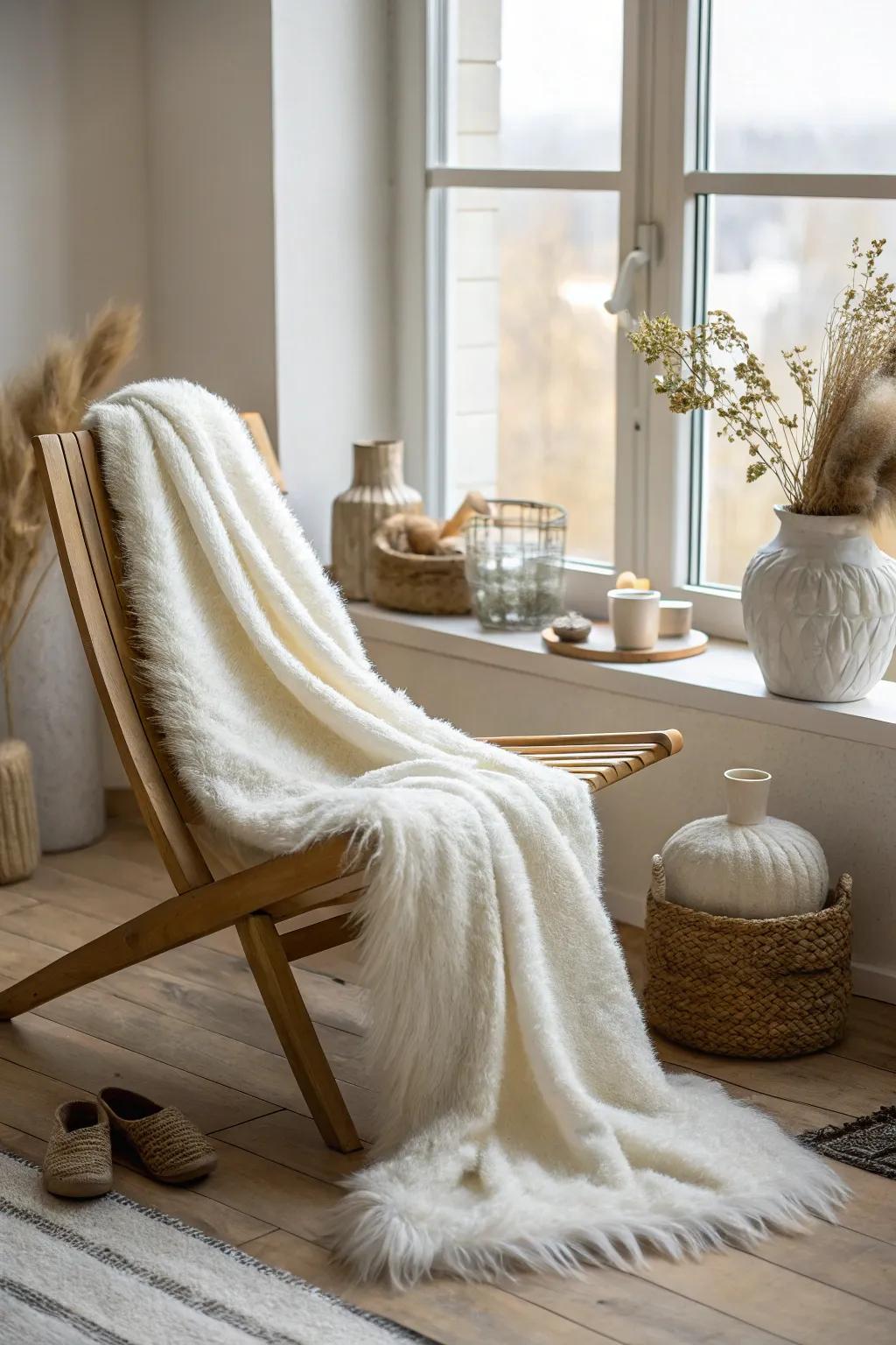 Elevate your decor with white faux fur accents that exude luxury and style.