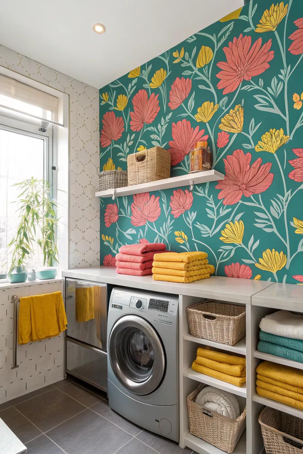 Bold wallpaper adds flair and personality to your laundry room.