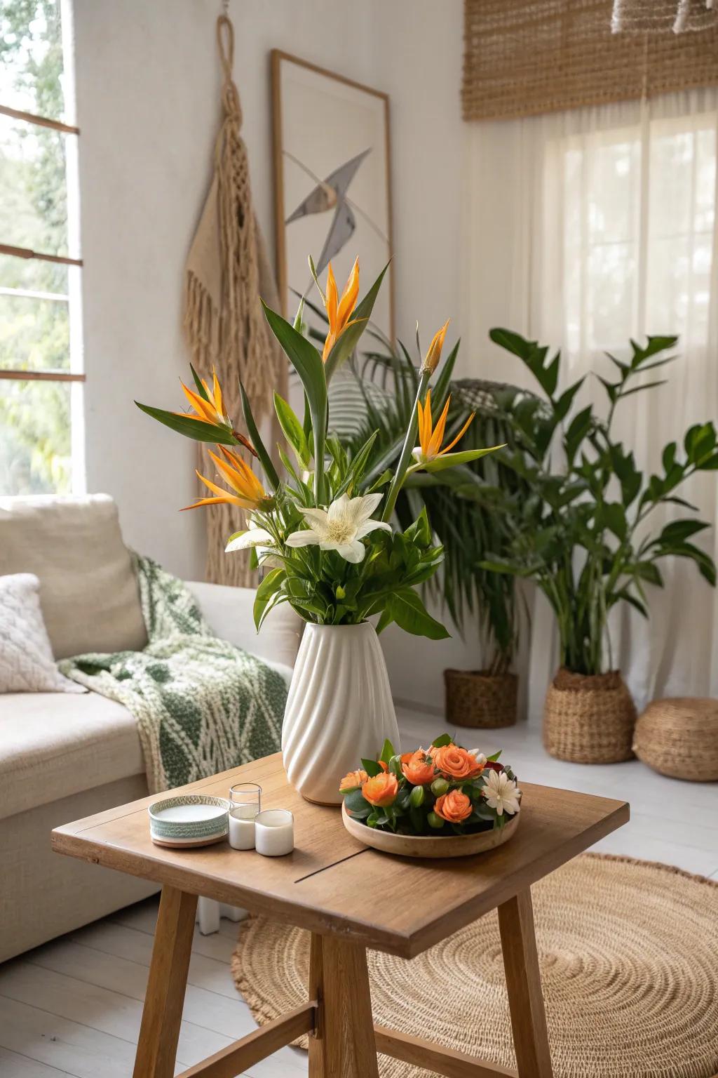Layer textures and colors with a mixed floral arrangement featuring Bird of Paradise. 🌺 #FloralTextures #VibrantDecor