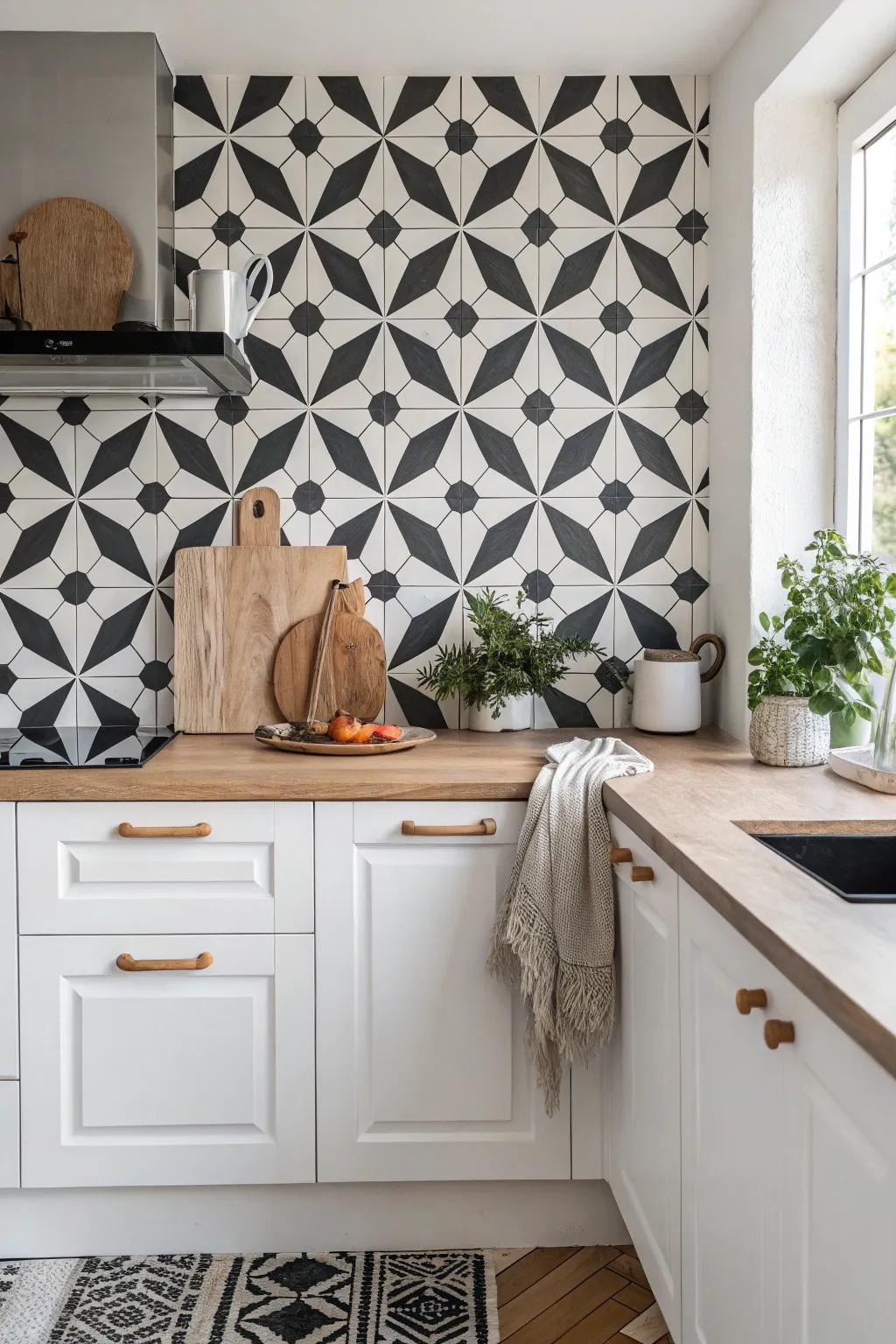 Optical illusion tiles add depth and intrigue to this captivating kitchen.