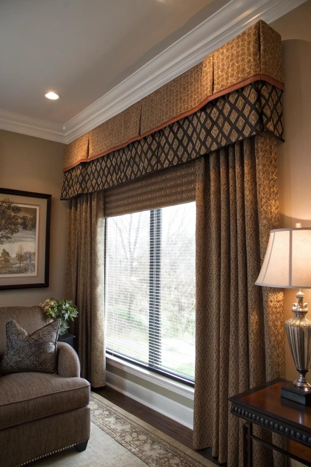 Textured fabrics add depth and warmth to box valances.