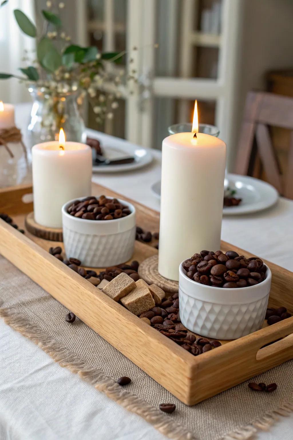 Themed centerpieces add warmth and aroma to your coffee bar.