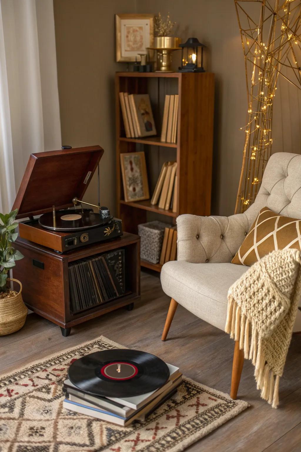 Add nostalgia and warmth with the timeless tunes from a vintage record player.