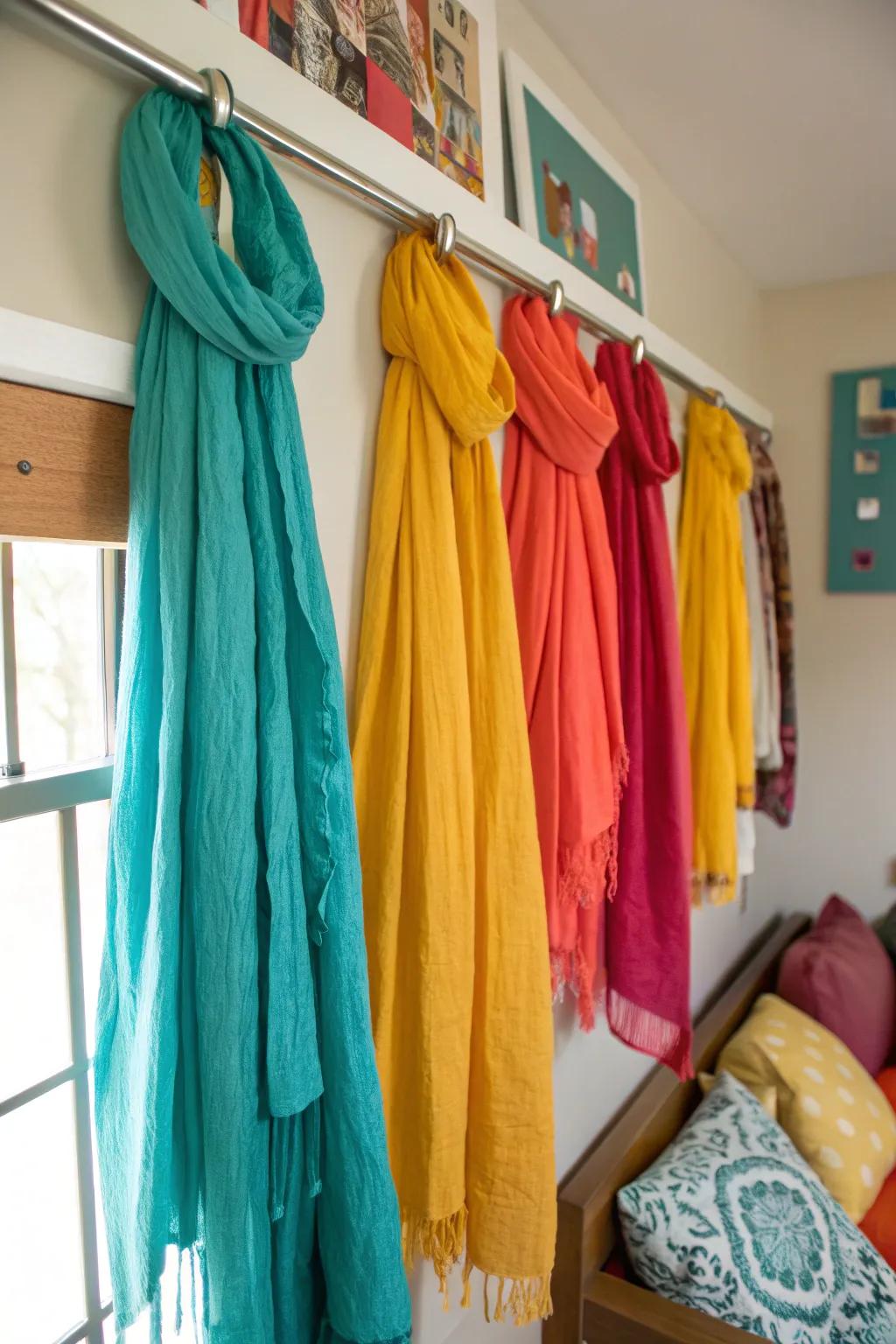 Display your scarves with elegance using a simple curtain rod.