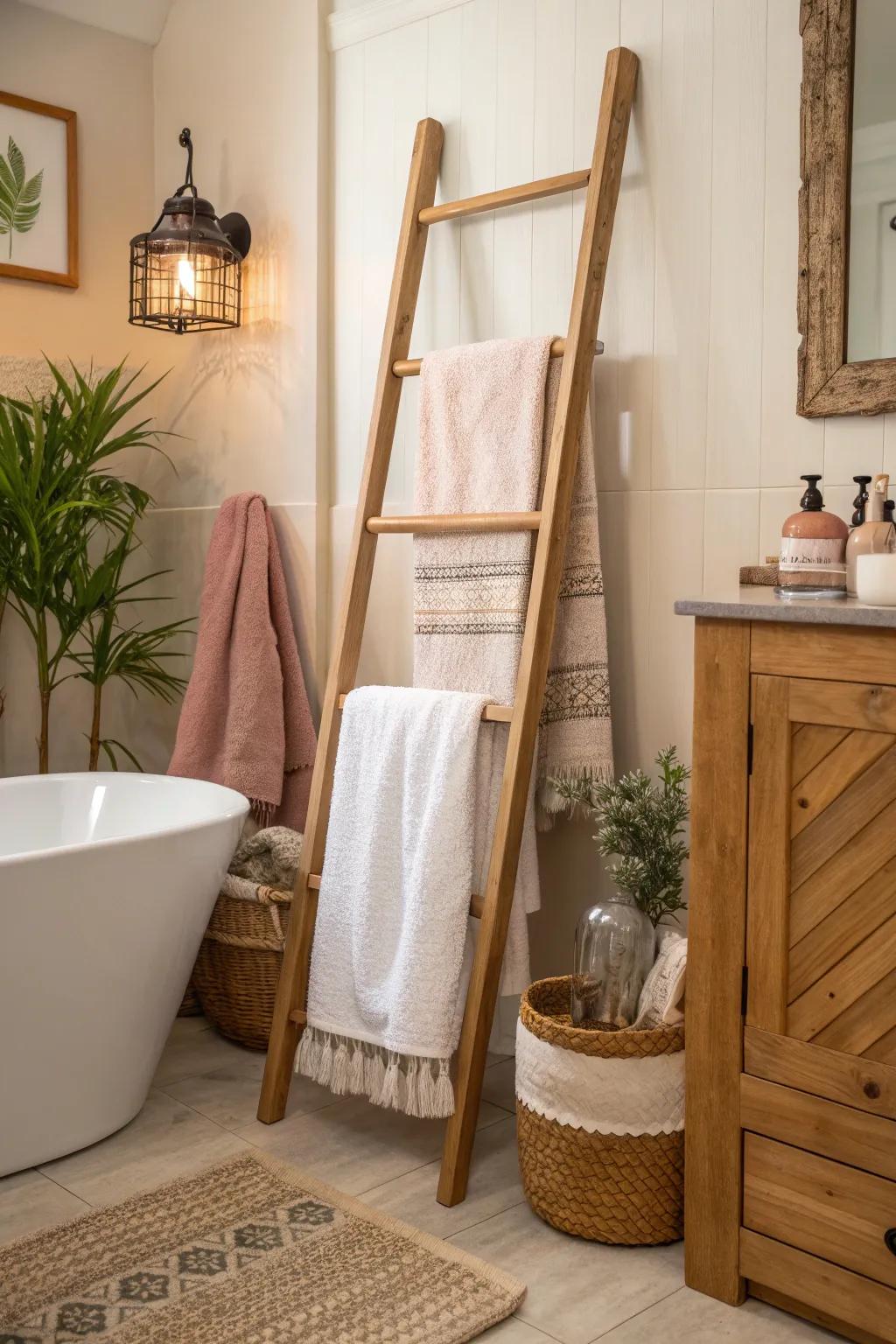 Bring a touch of whimsy to your space with a ladder-style double towel rack that's both versatile and charming.