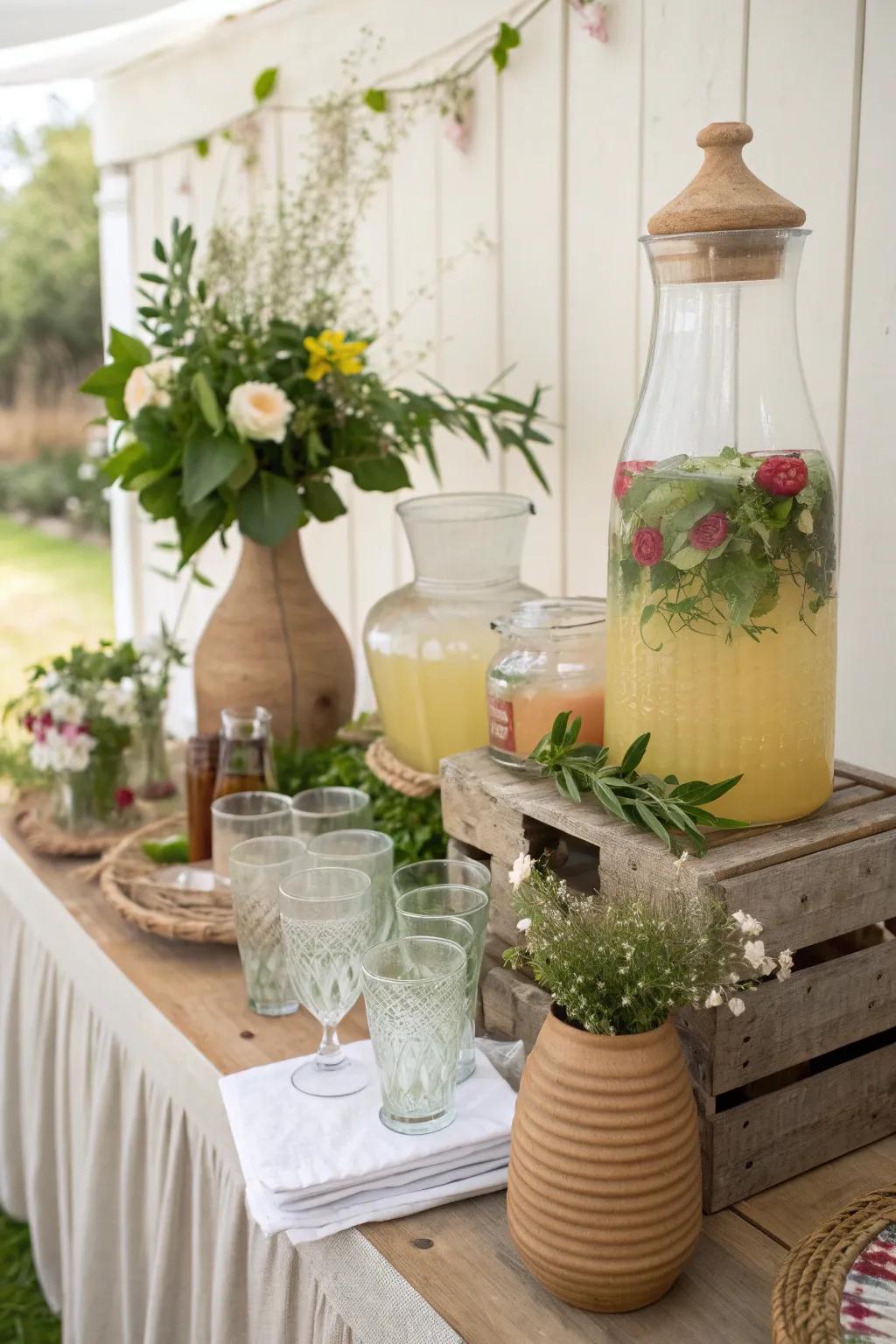 Bring the garden to your drink station with natural elements that refresh and delight. #GardenParty #NatureInspired