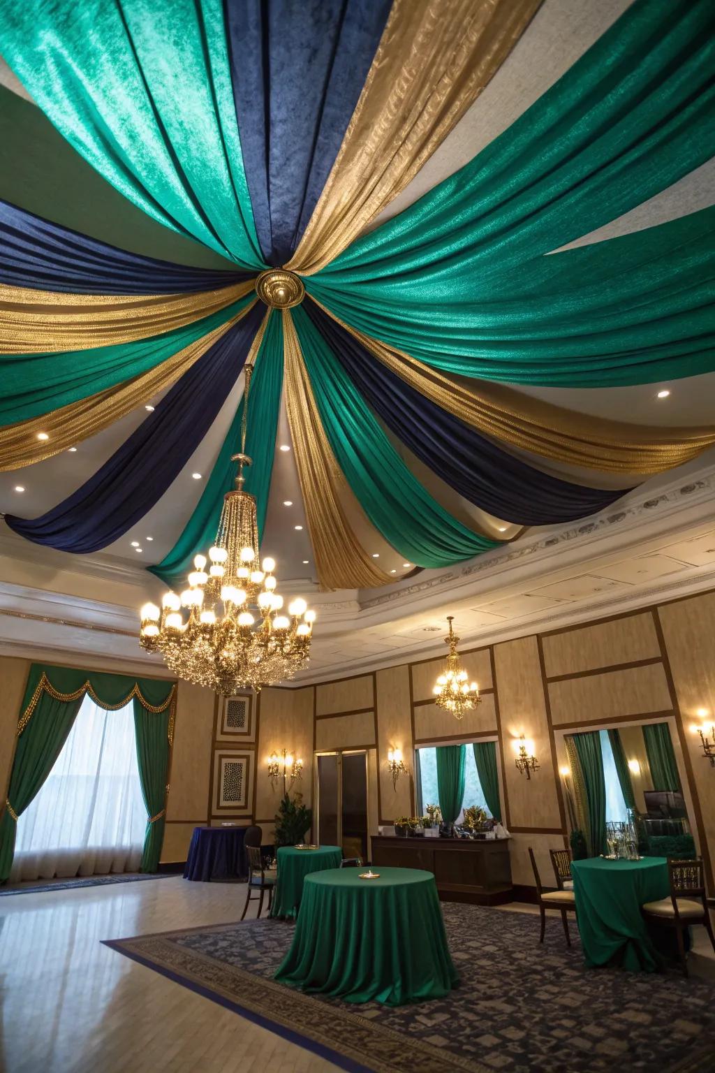 Turn your ceiling into a creative canvas with bold fabric art installations.