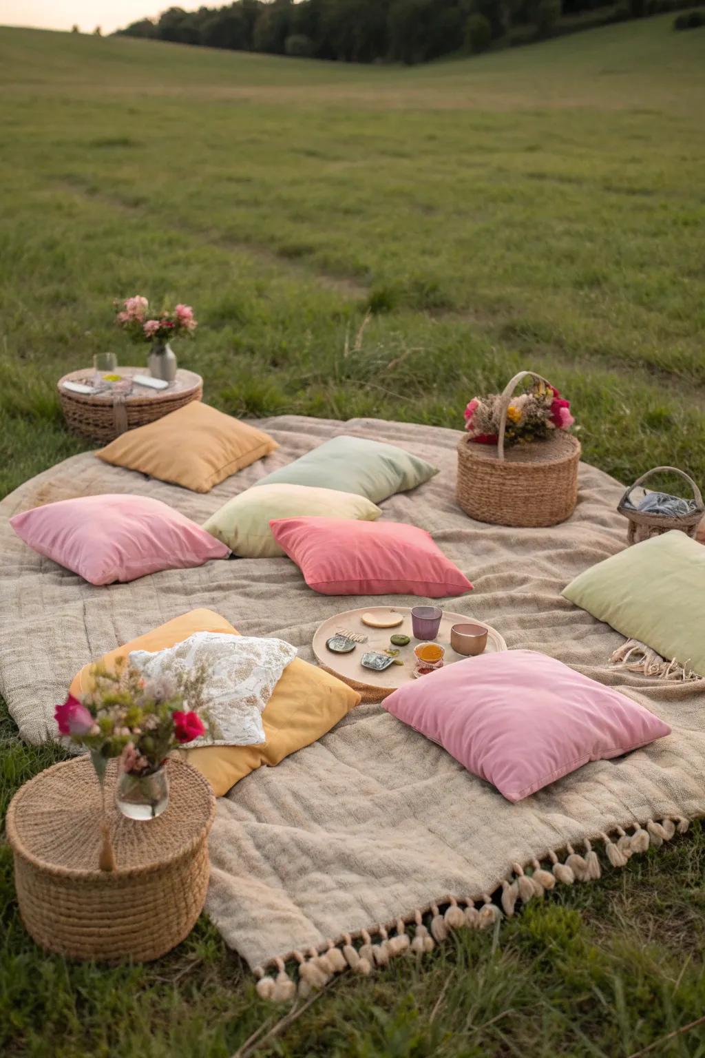 Create a laid-back atmosphere with picnic-style seating that invites comfort and conversation.